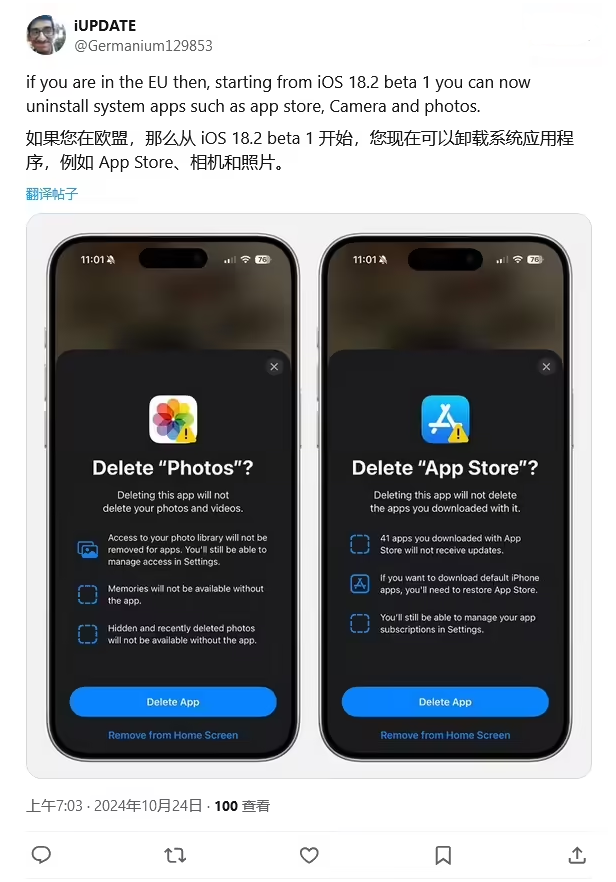 察布查尔苹果手机维修分享iOS 18.2 支持删除 App Store 应用商店 